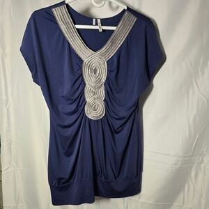 Studio Y Womens Navy Blue V-Neck Blouse Silver Metallic Trim Large cocktail